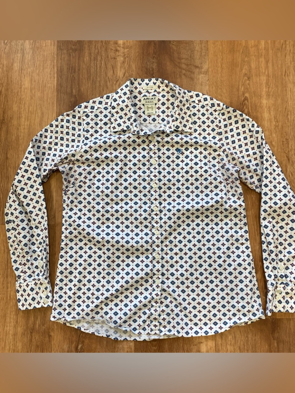 Ariat REAL Western Shirt Womens XL Aztec Print White Fitted Cotton Long Sleeve
